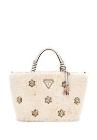 Borsa in finta pelliccia color crema con decorazioni floreali dorate e placchetta con logo. Presenta una forma strutturata e due manici corti.