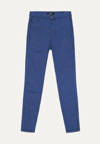 Blue and black checked trousers with a slim fit, featuring a button closure and a smooth texture. Designed with a mid-rise waistband.