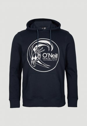 Marineblauwe hoodie met voorzak en capuchon met trekkoord, voorzien van een wit surfgrafiek en de tekst "O'Neill Santa Cruz California U.S.A".