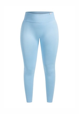 Helle blaue Leggings aus elastischem Stoff, mit einem breiten, gerippten Bund und einer glatten Textur entlang der Beine.