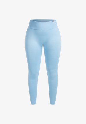 Lichtblauwe leggings van rekbare stof, met een brede, geribbelde tailleband en een gladde textuur over de benen.