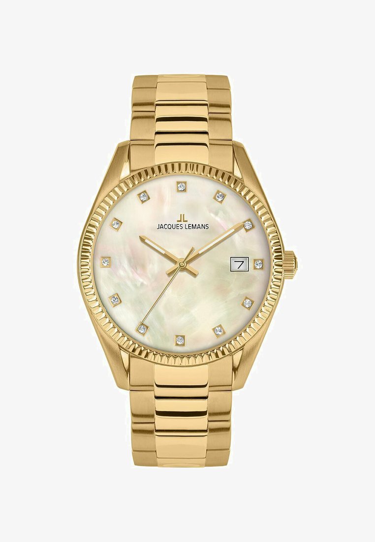 Hochwertige goldfarbene Metalduhr mit geriffelter Lünette, Zifferblatt aus Perlmutt, diamantenähnlichen Stundenmarkierungen und einem Datumsdisplay auf 3 Uhr.