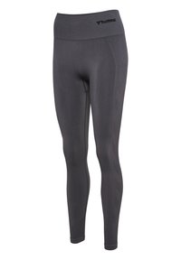 Donkergrijze naadloze high-waist legging met subtiel textuurpatroon en zwart hummel-logo op de tailleband.