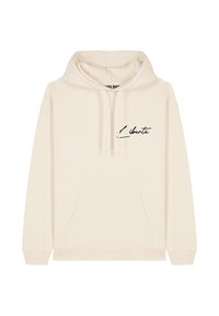 Felpa con cappuccio color crema realizzata in tessuto morbido, con tasca frontale, cappuccio con coulisse e testo in corsivo nero che recita "liberté" sul petto.