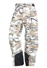 Kamouflage snöbyxor i beige, grått och vitt. Har dragkedjor och svarta detaljer på bensluten och fickorna. Tillverkade av slitstarkt material.