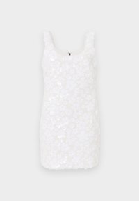 White floral dress with a sequined fabric, scoop neckline, and sleeveless design. Short length with a discreet zipper at the back.