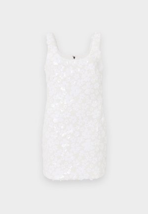 Valkoinen kukkamekko, jossa on paljettikangas, pyöreä pääntie ja hihattomuus. Lyhyt pituus, jossa on huomaamaton vetoketju takana.