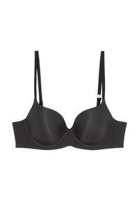 Zwarte gevoerde bh met verstelbare banden, gladde textuur, onderlijnsteun en naadloze cups. Bevat minimale hardware voor een strakke uitstraling.