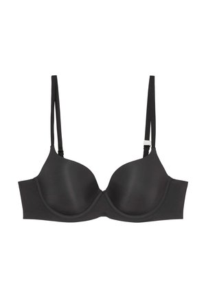 Zwarte gevoerde bh met verstelbare banden, gladde textuur, onderlijnsteun en naadloze cups. Bevat minimale hardware voor een strakke uitstraling.