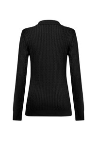 Pull noir à manches longues avec une texture côtelée, doté d'un col et d'un design ajusté. La vue de dos met en avant ses lignes épurées et sa finition.
