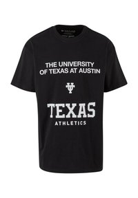 Sort bomulds t-shirt med hvidt trykt tekst: "THE UNIVERSITY OF TEXAS AT AUSTIN" og "TEXAS ATHLETICS," med et universitetslogo.