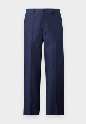 Granatowe spodnie o prostym kroju z teksturowanej tkaniny, z zapięciem na guzik i plisami z przodu.