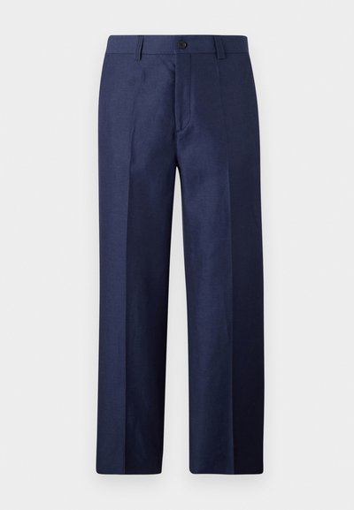 Tengerészkék nadrág egyenes lábformával, texturált anyagból készült, gombos záródással és elülső redőkkel.