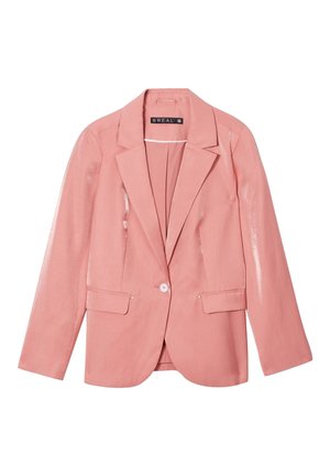 Blazer rosa con una texture liscia, chiusura a pulsante singolo, due tasche frontali e design con rever a punta. Interno foderato.