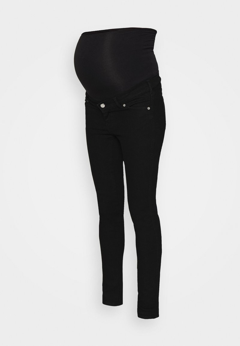 Jeans de maternidade pretos com um design elástico e ajustado e uma cintura alta para conforto e suporte. Apresenta bolsos frontais.