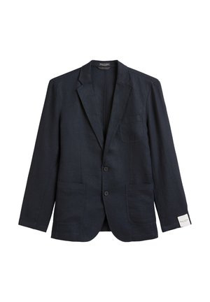 Marineblauer Leinenblazer mit Reverskragen, zwei Vorderaschen und Ein-Knopf-Verschluss. Hat eine aufgesetzte Tasche und minimale Tailored-Detaile.