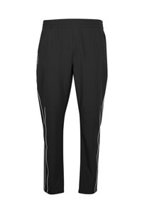 Schwarze Sporthosen mit elastischem Bund, mit weißen Seitenstreifen und schmalem Schnitt. Hergestellt aus leichtem, glattem Stoff.