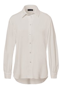 Wit overhemd met lange mouwen van gladde stof, voorzien van een klassieke kraag, knoopsluiting aan de voorkant en manchetten, met een afgeronde zoom.
