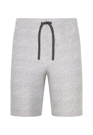 Graue Shorts aus strukturiertem Stoff, mit einem elastischen Bund und einer braunen Kordel, in gerader Schnittführung.