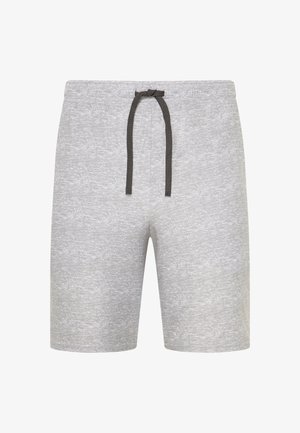 Graue Shorts aus strukturiertem Stoff, mit einem elastischen Bund und einer braunen Kordel, in gerader Schnittführung.
