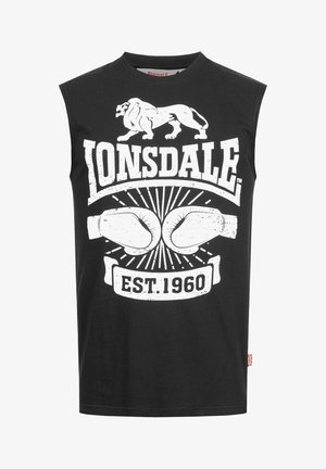 Black sleeveless shirt with white graphic of a lion, boxing gloves, "Lonsdale" text, and "EST. 1960" banner on the front.