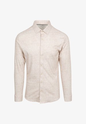 Langärmliges Hemd aus hellbeigem Stoff mit strukturiertem Muster, spitzem Kragen und sieben Knöpfen an der Front.