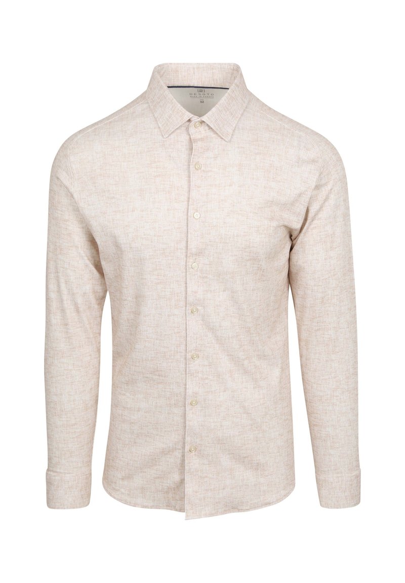 Lange mouw shirt in lichtbeige stof met een gestructureerd patroon, puntige kraag en zeven knopen aan de voorkant.