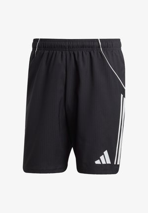 Shorts de sport noirs en tissu léger, avec des bandes et un logo blancs. Ceinture élastique avec poches latérales pour plus de commodité.