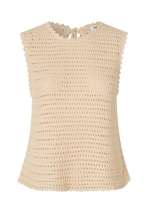 Beige knit top with a textured, open weave. Features a scalloped neckline, ties at the back, and cap sleeves.