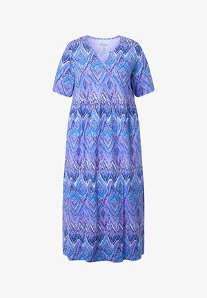Fialovo-modré midi šaty s krátkým rukávem, výstřihem do V a abstraktním diamantovým vzorem na celé tkanině.