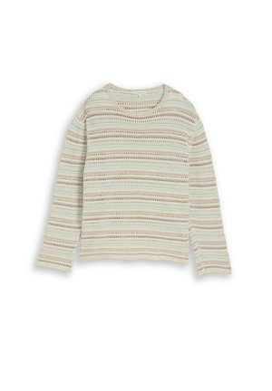 Langärmliger Strickpullover mit offenem Gewebe und horizontalen Streifen in Beige-, Hellblau- und Cremetönen, flach auf einem weißen Hintergrund ausgelegt.