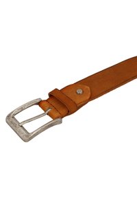 Leather belt in tan with a metal, weathered silver buckle. Features a smooth texture and a snap accent near the buckle attachment.