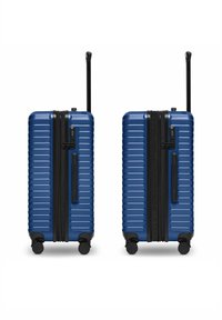Deux valises rigides bleues avec des poignées télescopiques et quatre roues multidirectionnelles, présentées côte à côte avec des vues de face et de dos.