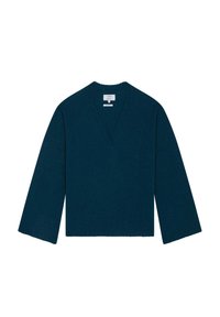 Pulover teal cu decolteu în v, cu mâneci lungi și largi. Fabricat dintr-un material moale, cu accente cu nervuri pe mâneci și pe tivul de jos.