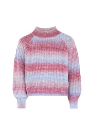 Strickpullover mit hohem Kragen, der in einem Farbverlauf aus Rosa und Blau gestaltet ist. Strukturierter Stoff mit gerippten Bündchen und Saum.