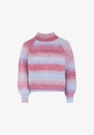 Gebreide sweater met een hoge nek, met schaduwen van roze en blauw in een gradientpatroon. Getextureerde stof met geribbelde mouwen en zoom.