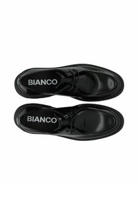 Schwarze Lederschuhe mit glatter Oberfläche, runder Zehenpartie, Schnürdesign und Innensohle mit weißem "BIANCO"-Text.