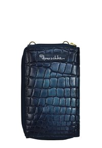 Donkerblauwe portemonnee van gestructureerd synthetisch leer met een krokodillenpatroon, voorzien van een ritssluiting en een merklabel op de voorkant.