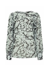 Blusa a maniche lunghe in un leggero color menta con stampa astratta nera e grigia; presenta un collo rotondo e maniche a sbuffo raccolte per un tocco di dettaglio in più.