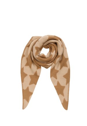 Brown and beige scarf with large star pattern, folded in a loose spiral on a white background.