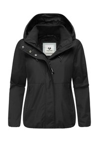 Črna vodoodporna jakna s kapuco, z zadrgo spredaj in stranskimi žepi. Ima mehko notranjo podlogo in prilagodljive vrvice.