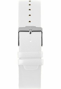 Weißes Leder-Armband mit zwei Haltern, silberfarbiger Metallschnalle, mehreren Anpassungslöchern und strukturierten Oberflächen.