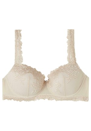 Beige kant-bh met beugel, gestructureerde beker en golvende randen. Verstelbare straps met bloemmotieven langs de band en de halslijn.