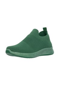 Sneakers slip-on verdi con tomaia in tricot testurizzato, colletto elastico e suola in gomma resistente con motivo ondulato.