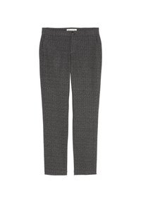 Pantalon gris à motif avec une coupe slim, doté d'une fermeture à bouton et d'une texture de tissu lisse. Design simple sans ornements supplémentaires.