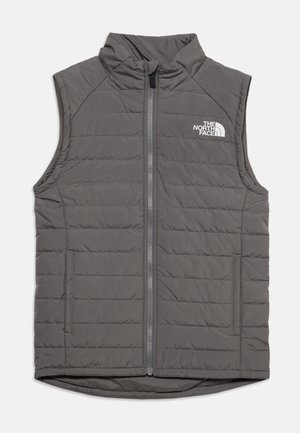 Grijze mouwloze doorgestikte bodywarmer met ritssluiting aan de voorkant en zijzakken, met het The North Face-logo op de linkerborst.