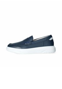 Scarpa mocassino in pelle blu navy con suola in gomma bianca, caratterizzata da dettagli cuciti e punta arrotondata. Superficie liscia con dettagli minimi.