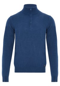 Dunkelblauer gestrickter Pullover mit hohem Kragen, der einen Viertelreißverschluss sowie gerippte Bündchen und Saum aufweist. Weicher Stoff und taillierte Passform.
