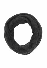 Dzianinowy szal w kolorze ciemnoszarym, wzorzysty w jodełkę, o miękkiej fakturze. Okrągły kształt ułatwia zakładanie.