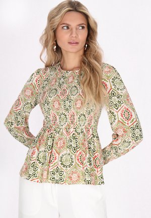 Langarmbluse aus leichtem Stoff mit einem floralen geometrischen Muster in Grün, Rosa und Creme, tailliert und mit Peplum-Design.